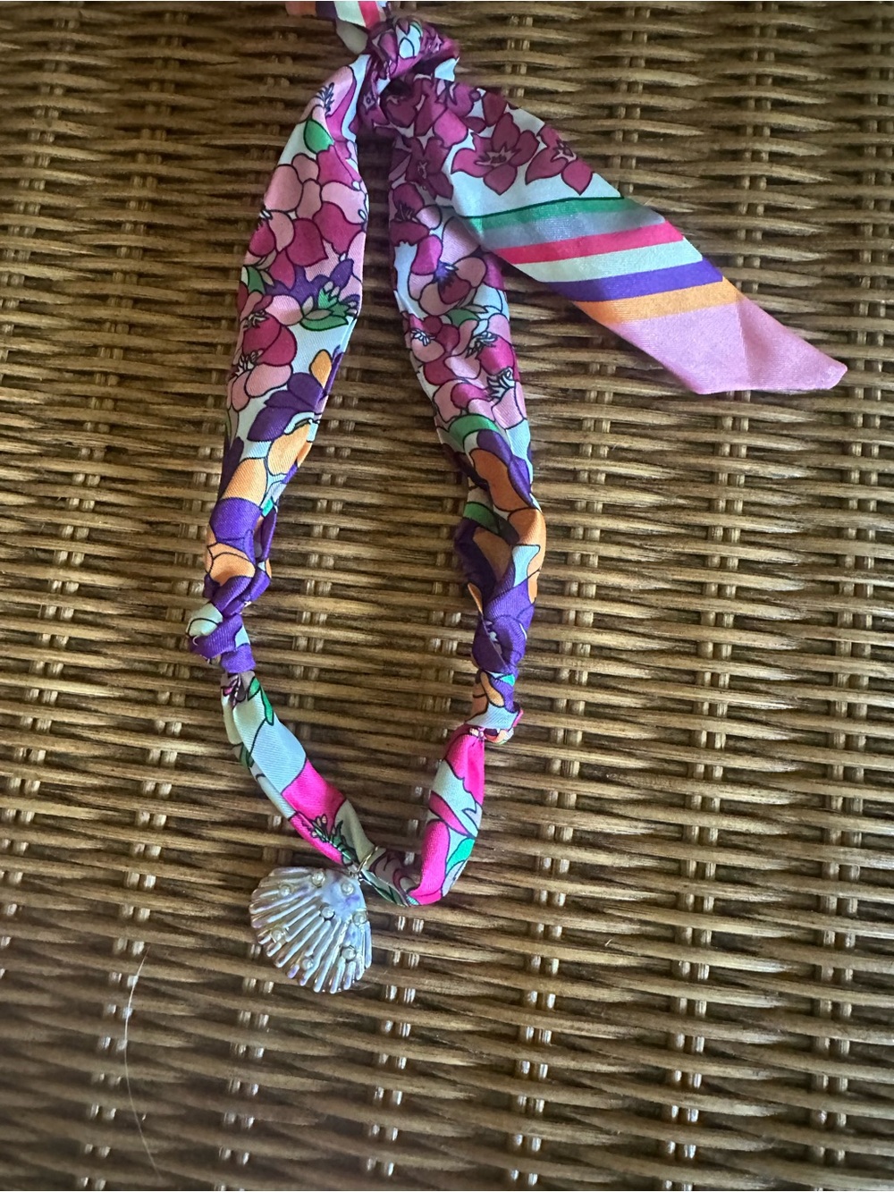 Floral Pink & Purple Scarf Necklace with Shell Charm